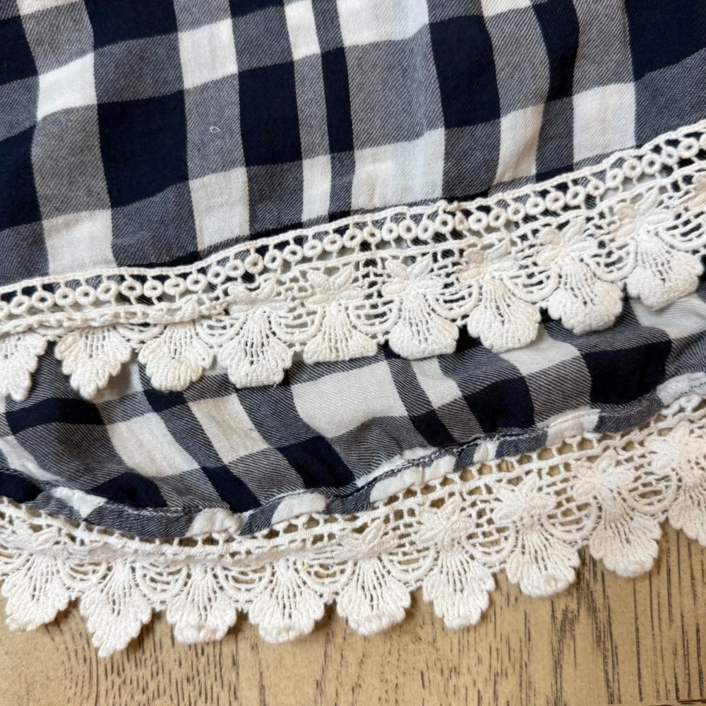 Crown & Ivy‎ women's Small Blue Plaid Lace Trim Bell Sleeve Peasant Blouse - Picture 8 of 9